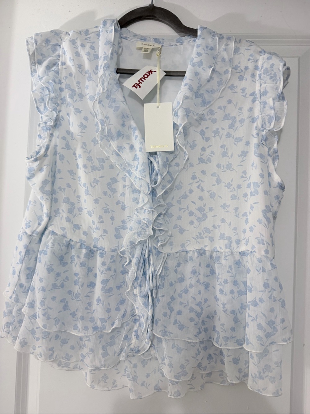 Light Blue Floral Ruffle Peplum Blouse - Women